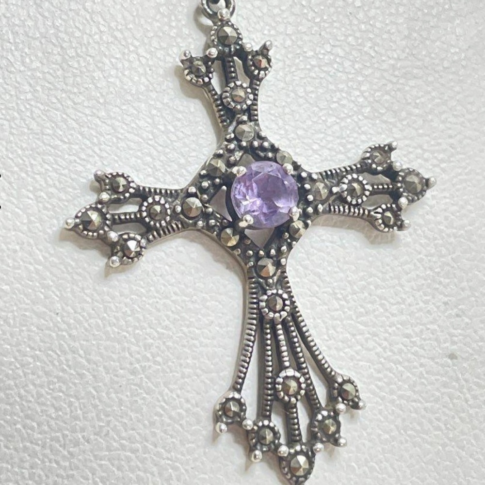 925 Sterling Silver Amethyst Marcasite Cross Box Chain Necklace Religious Gift